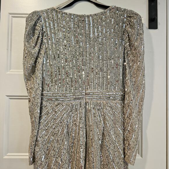 Mac Duggal 93676 V Neck Beaded Lace Midi Long Sleeve Dress Silver Taupe Size 8 - Picture 8 of 9